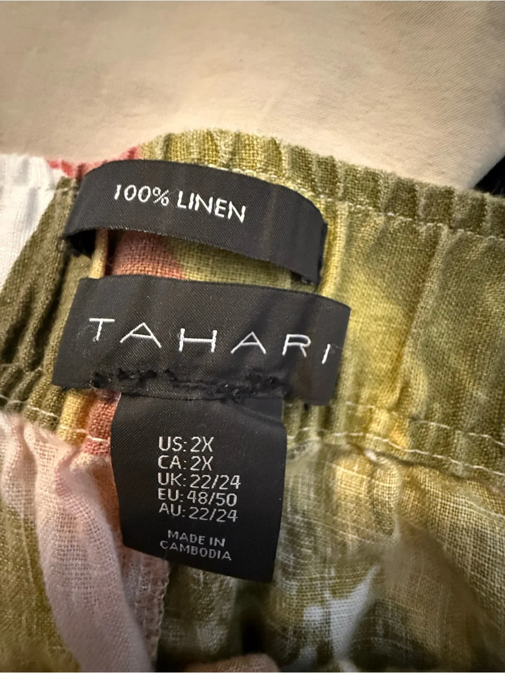 Tahari 100% Linen High Rise Wide‎ Leg Tropical Palm Hawaiian Crop Pants Sz 2XL